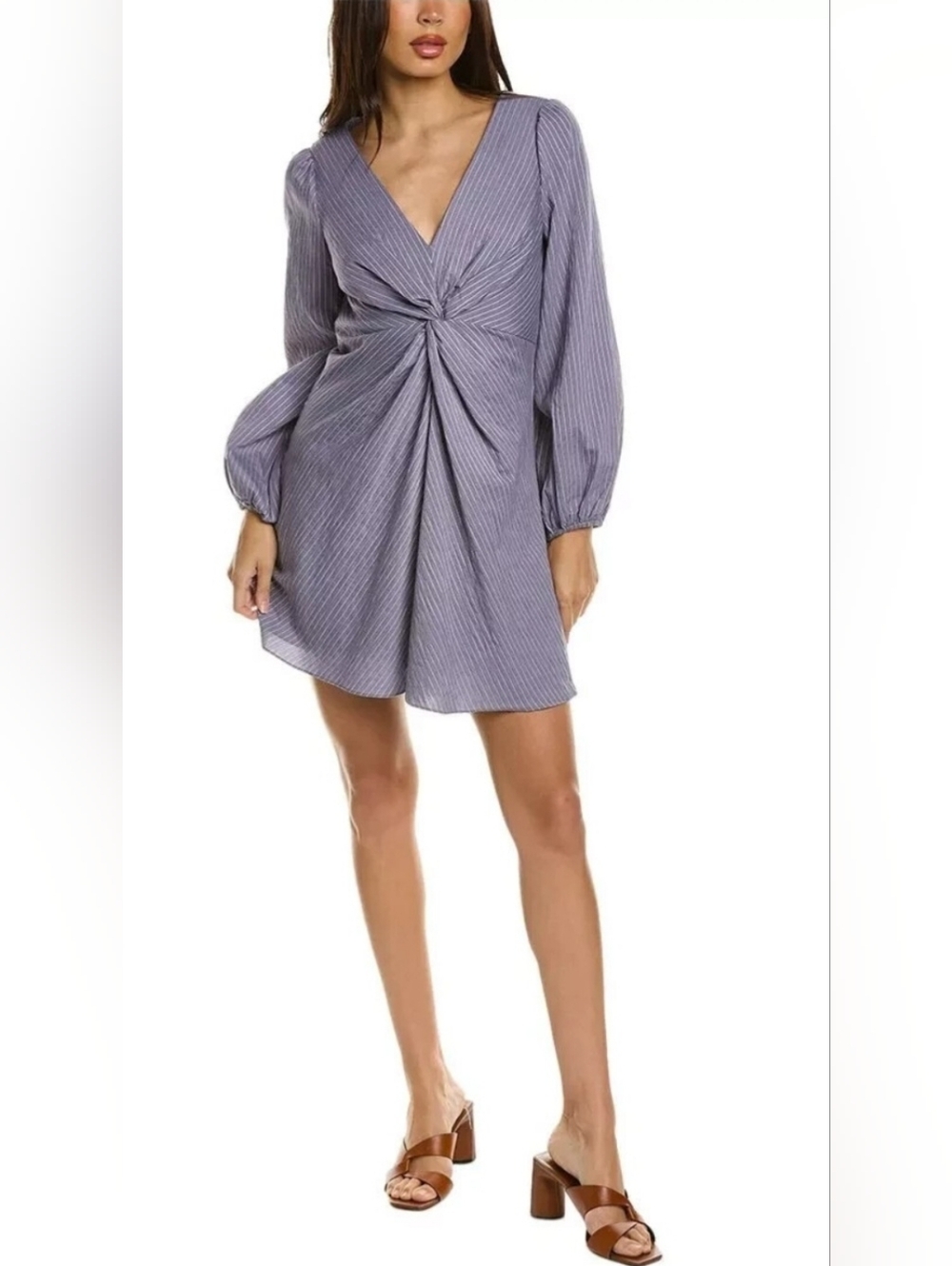Cinq a Cept Glen Balloon Sleeve Mini Dress in Lavender Gray Stripe Sz 6 Medium
